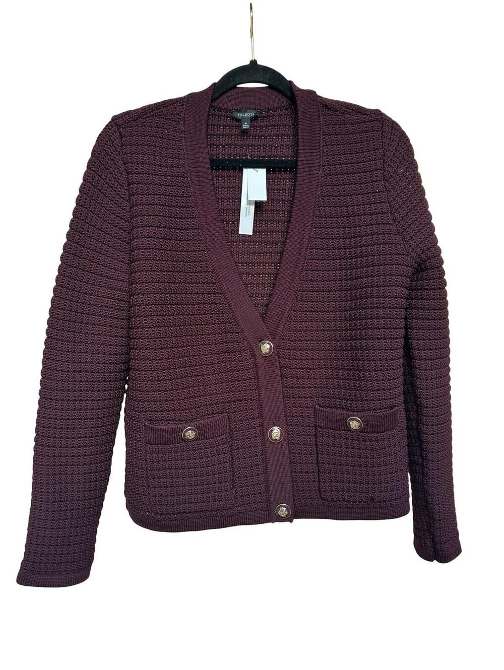 Talbots Cardigan Sweater Womens Medium Burgundy Knit Button Front NWT‎